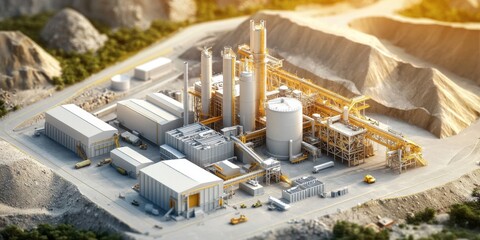 Isometric 3D Design of Mining Industry Plant in Scenic Landscape