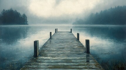 Obraz premium Misty Lake and Wooden Dock: A Serene Landscape