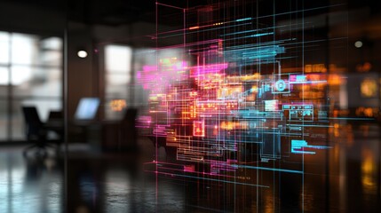 Fototapeta premium Modern Open Space Office with Neon Lights and Digital Graphics