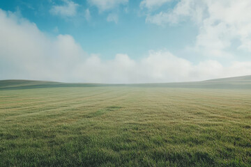 Obraz premium Expansive green field under a cloudy blue sky on a tranquil day