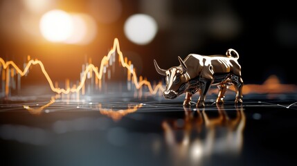 Golden Bull Statue on Rising Line Graph - Symbol of Economic Growth and Prosperity