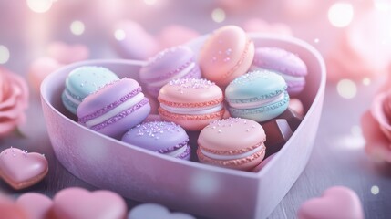 Obraz premium Heartshaped box with macarons chocolate surrounded by hearts
