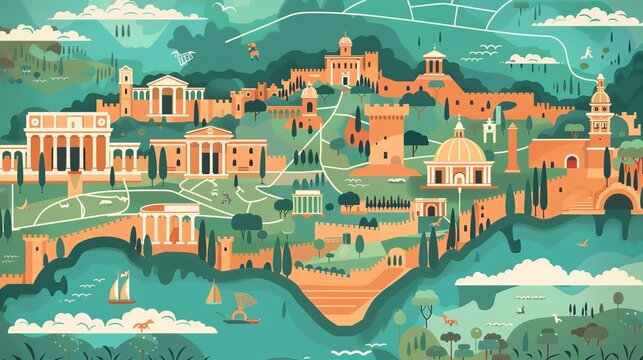 flat Rome map, infographics design, city landmarks, travel guide