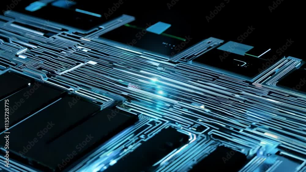Poster Motherboard with chips transferring network signals. Circuit board concept with calculations on the chip blocks