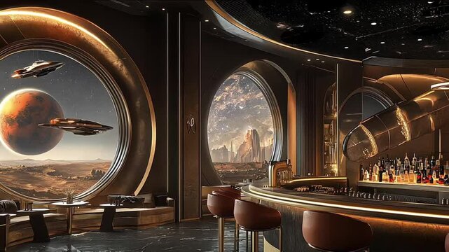 A luxury resort bar and lounge in outer space, there is a space ship outside of a large window