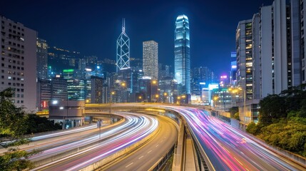 Fototapeta premium Night cityscape with highway light trails.