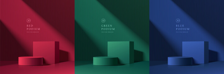 Set of 3D dark red, green and blue cylindrical podium background with cube backdrop. Studio wall scene. Minimalist 3D mockup pedestal. Abstract stand product display presentation. Stage for showcase.