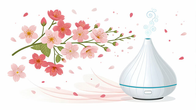 Floating Essential Oil Diffuser with Blooming Flowers on White Background - Aromatherapy Wellness Concept for Self Care Infographics