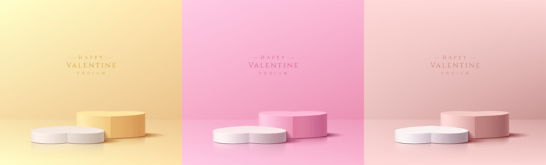 Set of valentine 3D podium background heart shape in pink, yellow and soft red color. Valentine wall scene. Minimalist mockup pedestal. Abstract stand product display presentation. Stage for showcase.