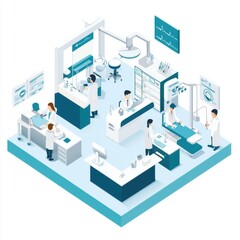 3D Isometric Clinic Environment Featuring Medical Professionals at Work