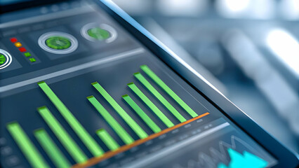 Close Up Eco Friendly Financial Dashboard Laptop Screen Green Analytics Digital Sustainability Concept Stock Photo