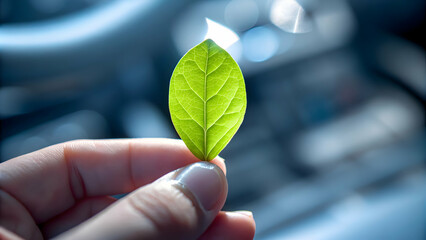 Macro shot of a hand holding a small green leaf symbolizing eco conscious choices concept as Close up of a hand gently holding a small green leaf symbolizing eco conscious decisions and sustainability