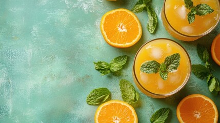 Refreshing orange juice with ice and mint. Perfect for summer drinks, healthy recipes, or food blogs.