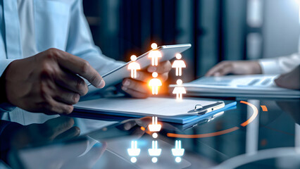 Healthcare financial advisor negotiating with suppliers on plain background concept as Healthcare financial advisor negotiating with suppliers using documents and a tablet on a plain background symbol