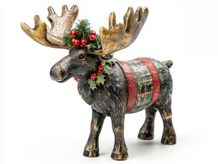 Obraz premium A festive decorative moose figurine adorned with a holiday wreath, featuring red berries and a patterned belt, perfect for Christmas decor.