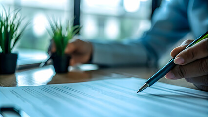 Naklejka premium Close up of businessperson signing eco friendly financial contract with green ink concept as Businessperson signing a financial contract using eco friendly green ink symbolizing sustainable agreements