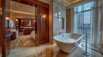 Luxurious hotel bathroom with a freestanding tub and modern decor.