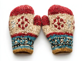 Colorful knitted mittens with intricate patterns, showcasing red, cream, and blue colors, perfect for winter warmth.