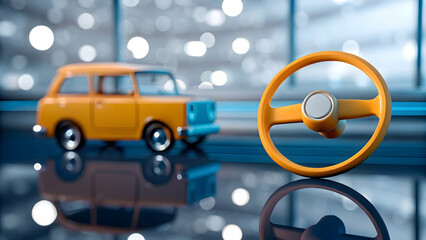 Nostalgic First Car and Steering Wheel Floating on Soft Bokeh Background Symbolizing Independence and Personal Milestones