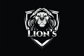 Lion head cartoon with shield vector logo image template