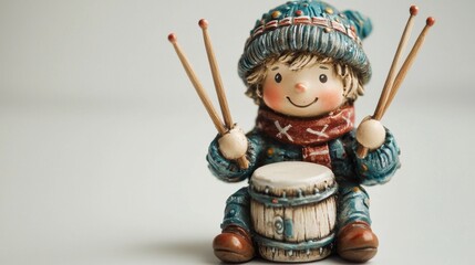 Fototapeta premium A cheerful figurine of a boy playing a drum, wearing a cozy hat and scarf, evoking a playful, wintery vibe.