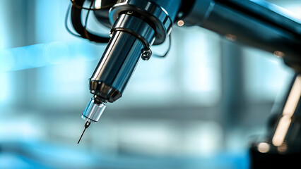 Glossy Robotic Arm Holding Syringe on Dark Background Representing Precision Innovation Healthcare Stock Photo