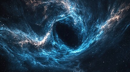 A dark space background with a black hole in the center, distorting light and stars around it