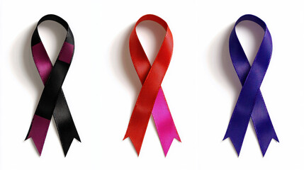 Three different colored ribbons intertwined in a graceful knot, resting on a polished wooden table under soft, natural lighting.