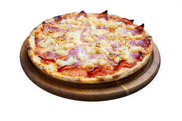 Delicious Italian pizza Hawaiian, close-up, isolated on white