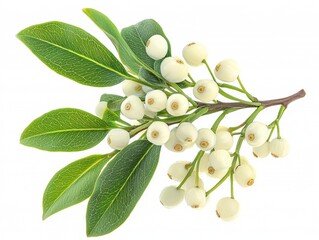 A branch featuring glossy green leaves and clusters of small, round white berries, showcasing a natural botanical element.
