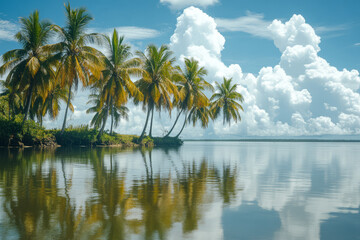 Obraz premium Serene tropical landscape with palm trees and reflective water under a blue sky
