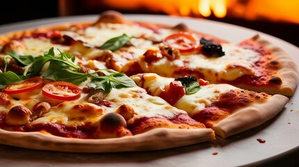 A close-up of a freshly baked pizza served in front of a glowing wood-fired oven, featuring melted cheese, fresh greens, and a delightful smoky ambiance, perfect for food and culinary concepts