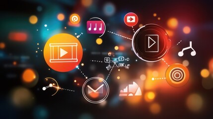 Obraz premium Digital media network concept with icons, play buttons, and bokeh lights.