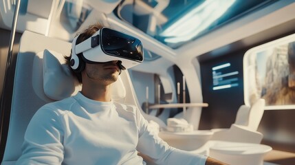 A man wearing a white shirt and white headphones is sitting in a chair