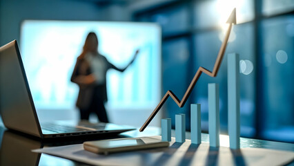 Businesswoman Presenting Growth Strategies with Financial Charts on Sleek Desk and Abstract Background Symbolizing Empowerment