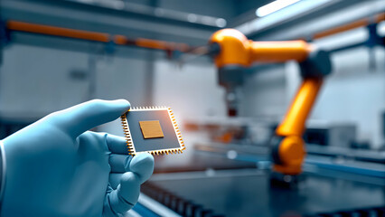 Close-Up Macro of Human Hand Holding Microchip Symbolizing AI Driven Hardware Integration in Industrial Applications