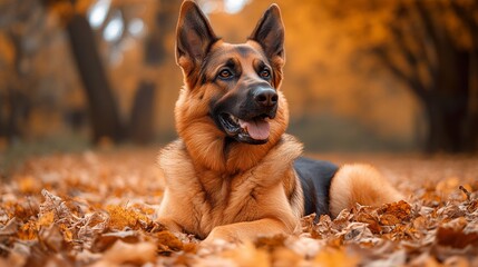 German Shepherd Dog in Autumn Leaves