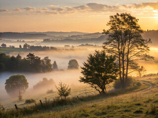 Fototapeta premium sunrise over the river. lake, sunset, water, landscape, sunrise, river, sky, nature, sun, tree, morning, reflection, fog, trees, clouds, dawn, evening, dusk, blue, silhouette, beautiful, pond, orange,