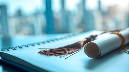 Macro shot of graduates diploma with reality cityscape elements copy space below concept as A macro shot of a graduates diploma enhanced with reality cityscape elements emphasizing urban academic succ