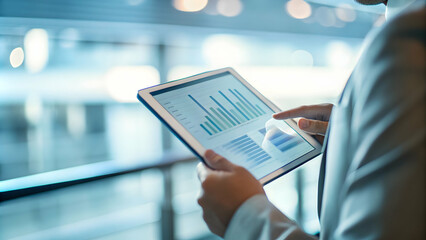 Businessman using tablet with green analytics concept as A male professional analyzing environmental data on a tablet showcasing the integration of digital tools in monitoring and improving the compan