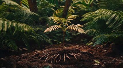 Young plant seedling with visible roots in rich dark soil surrounded by lush green ferns and tropical plants.