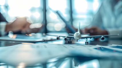 Travel consultant negotiating travel packages on plain background concept as Travel consultant negotiating travel packages and rates with clients on a desk with a plain background symbolizing the marg