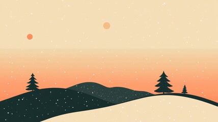 Fototapeta premium Peaceful Winter Sunset Landscape with Silhouetted Pine Trees on Rolling Hills.