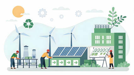 Fototapeta premium Eco-Friendly Manufacturing Team Utilizing Renewable Energy in Production Facility with Copy Space