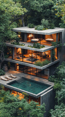Modern house nestled in lush greenery features glass walls and a serene pool