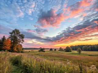 Naklejka premium sunset over the field. landscape, sky, field, sunset, nature, grass, meadow, sun, cloud, green, summer, clouds, blue, road, sunrise, tree, rural, land, horizon, sunlight, autumn, beautiful, country, o