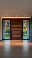 Obraz premium Modern entrance featuring wooden door and natural light in a contemporary home setting