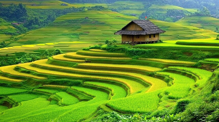Serene house on vibrant green rice terraces.