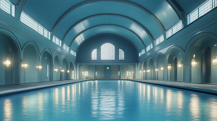 Serene indoor swimming pool in an art deco building.