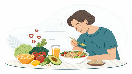 Mindful Eating Individual Enjoying Healthy Meal Nutrition Self-Care Copy Space Left Photo Stock Concept